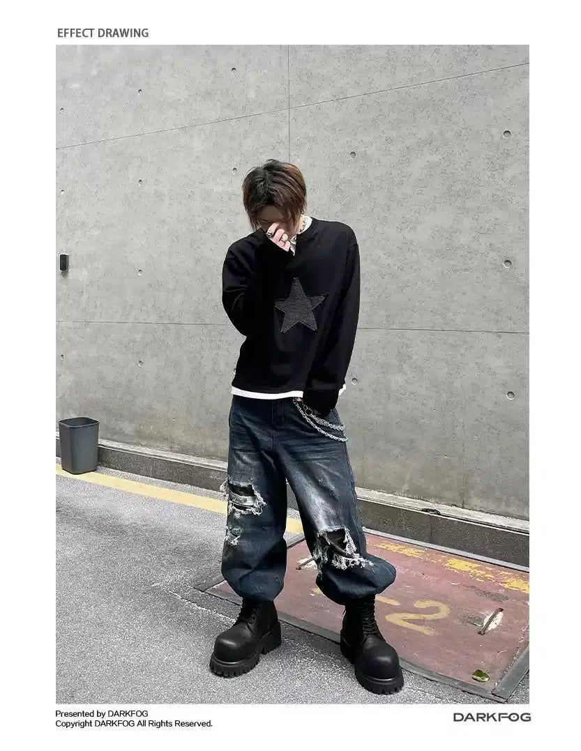 Two-Piece Star Patched Long Sleeve T-Shirt Korean Street Fashion T-Shirt By Dark Fog Shop Online at OH Vault