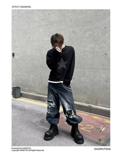 Two-Piece Star Patched Long Sleeve T-Shirt Korean Street Fashion T-Shirt By Dark Fog Shop Online at OH Vault