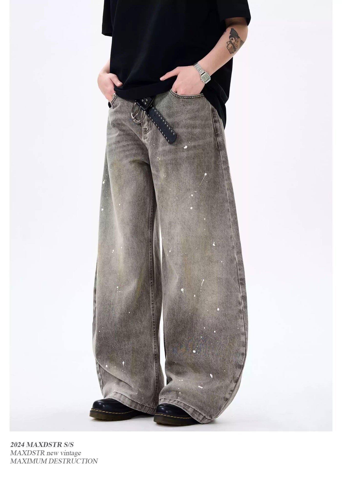 Washed Ink-Splash Wide Jeans Korean Street Fashion Jeans By MaxDstr Shop Online at OH Vault