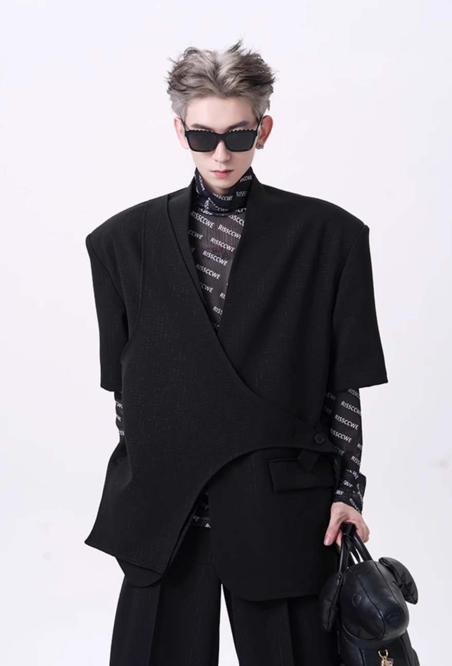 Buttoned Layered Blazer & Pleated Trousers Set Korean Street Fashion Clothing Set By Slim Black Shop Online at OH Vault