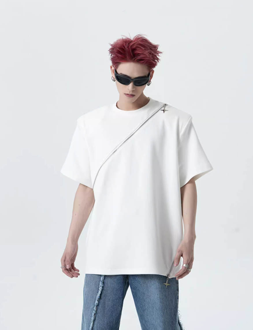 Solid Slant Zipper T-Shirt Korean Street Fashion T-Shirt By Slim Black Shop Online at OH Vault