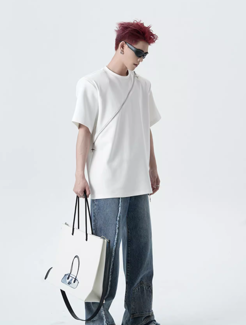 Solid Slant Zipper T-Shirt Korean Street Fashion T-Shirt By Slim Black Shop Online at OH Vault