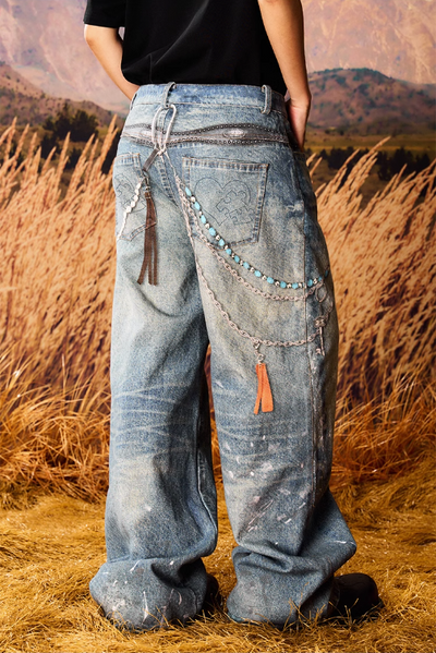 Ink-Splashed Chain Detail Jeans Korean Street Fashion Jeans By Yad Crew Shop Online at OH Vault