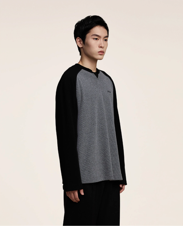 Contrast Spliced Waffle Knit Long Sleeve T-Shirt Korean Street Fashion T-Shirt By Opicloth Shop Online at OH Vault