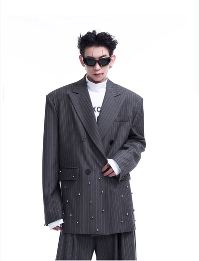 Striped Metal Rivet Double Breasted Blazer & Pleated Trousers Set Korean Street Fashion Clothing Set By Slim Black Shop Online at OH Vault