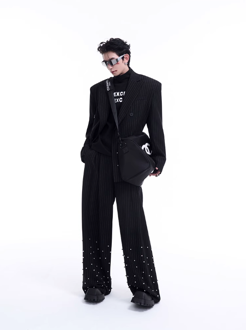 Striped Metal Rivet Double Breasted Blazer & Pleated Trousers Set Korean Street Fashion Clothing Set By Slim Black Shop Online at OH Vault