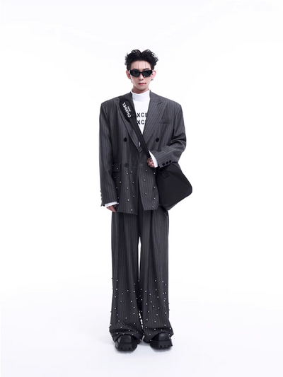 Striped Metal Rivet Double Breasted Blazer & Pleated Trousers Set Korean Street Fashion Clothing Set By Slim Black Shop Online at OH Vault