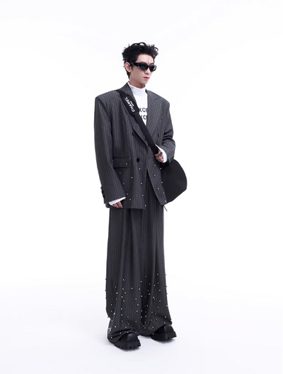 Striped Metal Rivet Double Breasted Blazer & Pleated Trousers Set Korean Street Fashion Clothing Set By Slim Black Shop Online at OH Vault