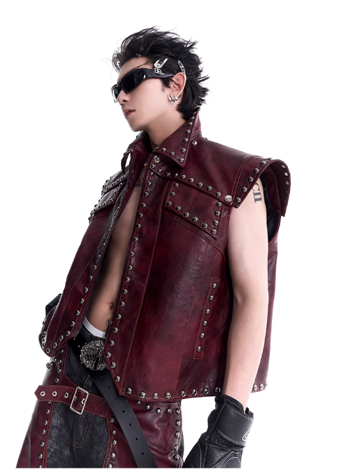 Structured Metal Rivet PU Leather Vest & Spliced Pants Set Korean Street Fashion Clothing Set By Slim Black Shop Online at OH Vault