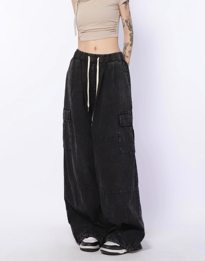 Drawstring Line Textured Wide Cargo Pants Korean Street Fashion Pants By Made Extreme Shop Online at OH Vault