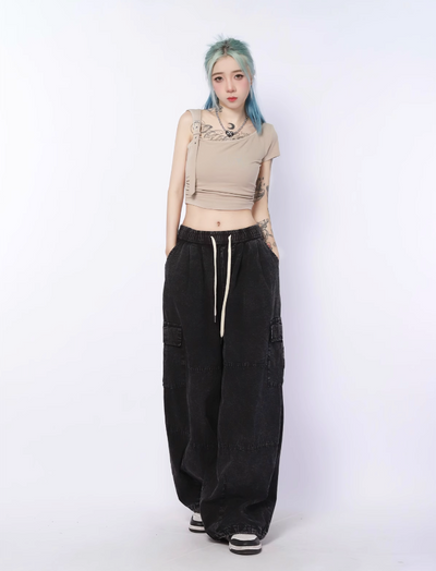 Drawstring Line Textured Wide Cargo Pants Korean Street Fashion Pants By Made Extreme Shop Online at OH Vault