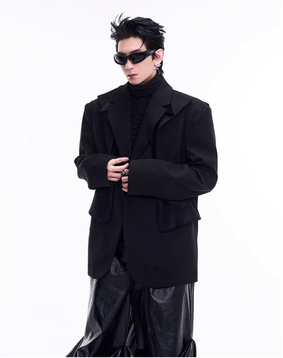 Stitched Layered Buttoned Blazer Korean Street Fashion Blazer By Slim Black Shop Online at OH Vault