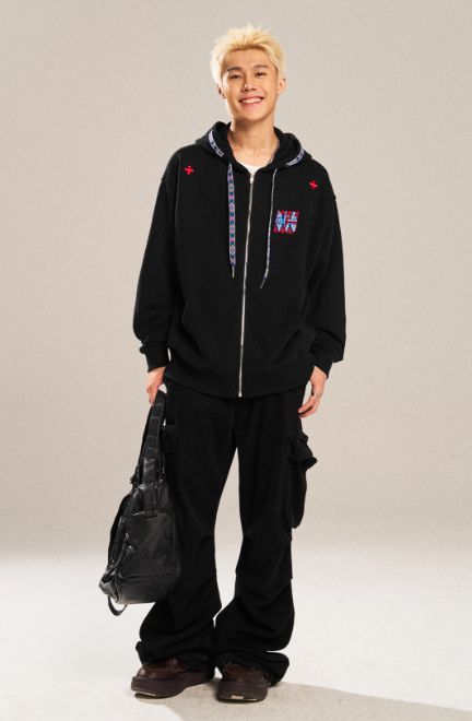 Drawstring Logo Embroiidery Zip-Up Hoodie Korean Street Fashion Hoodie By New Start Shop Online at OH Vault