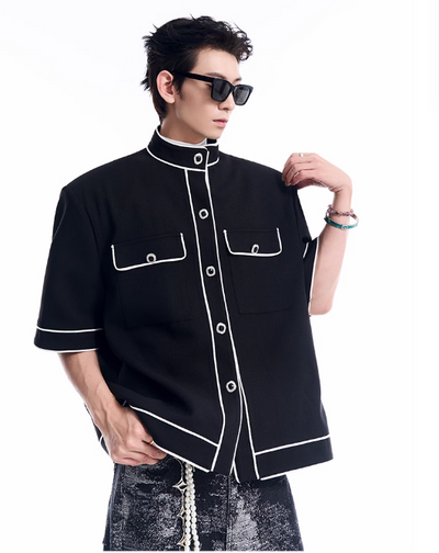 Contrast Piping Stand Collar Shirt Korean Street Fashion Shirt By Slim Black Shop Online at OH Vault