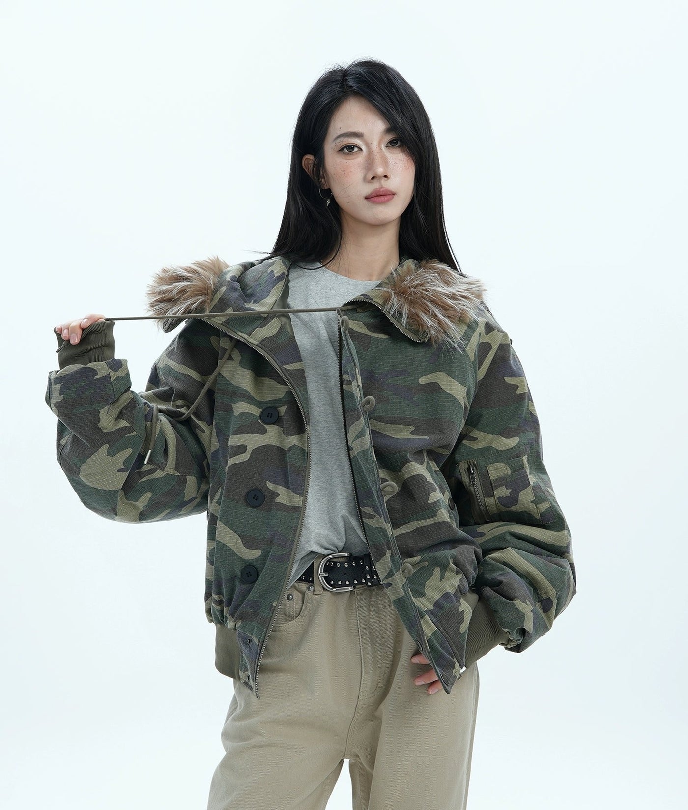 Fur Line Hood Camouflage Jacket Korean Street Fashion Jacket By Jump Next Shop Online at OH Vault