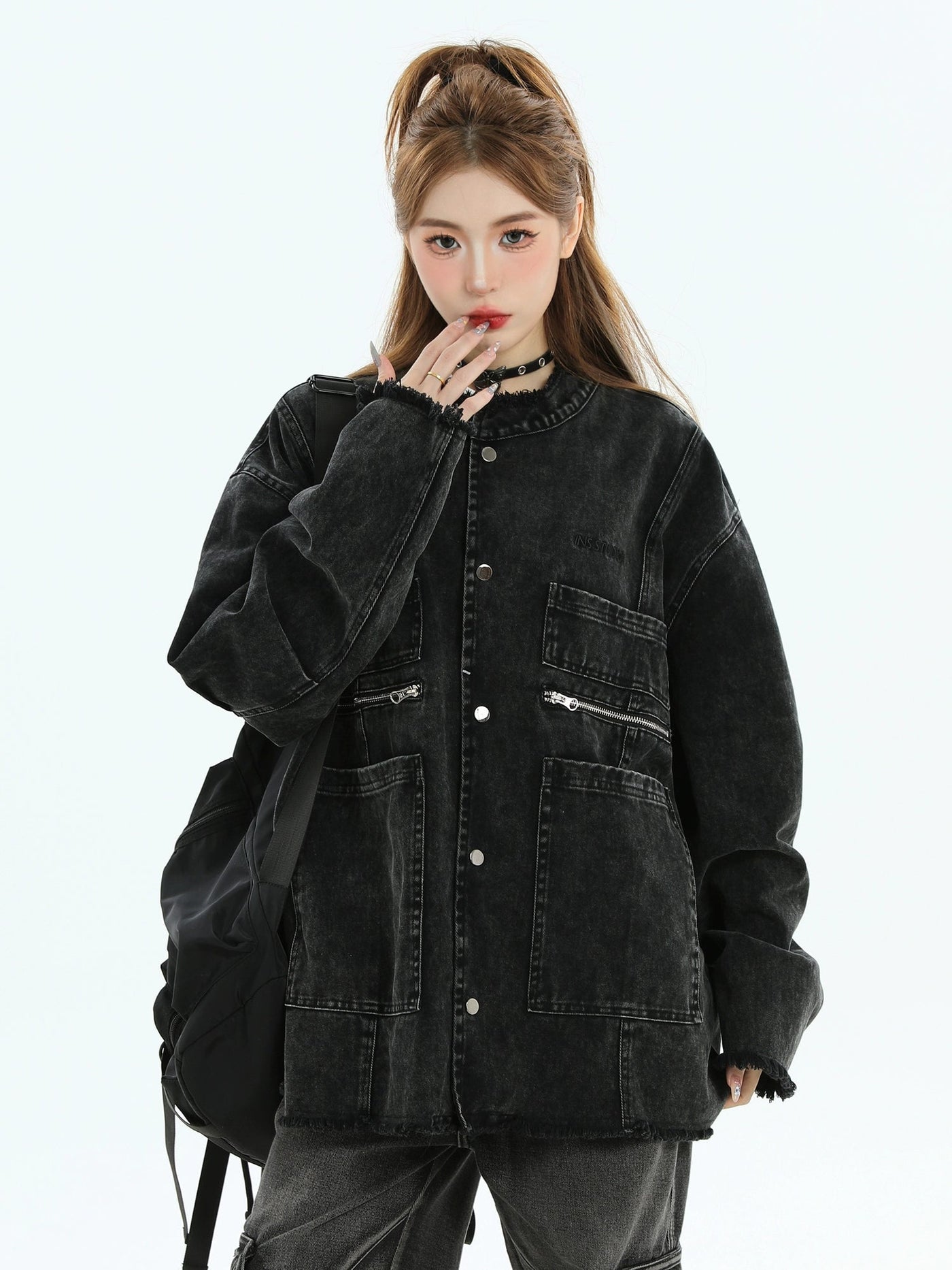 Multi-Pocket Frayed Denim Jacket Korean Street Fashion Jacket By INS Korea Shop Online at OH Vault