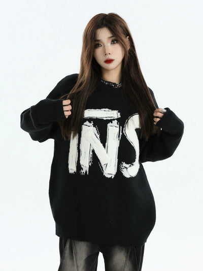 Smudged Logo Patched Sweater Korean Street Fashion Sweater By INS Korea Shop Online at OH Vault