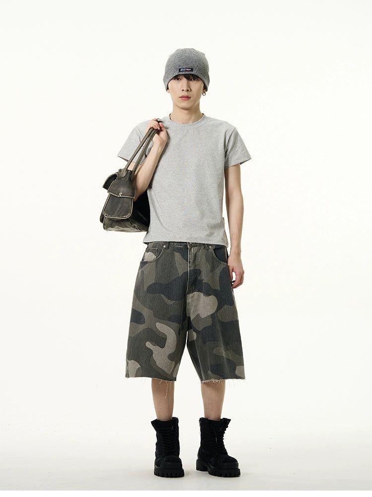 Camo Raw Edge Denim Shorts Korean Street Fashion Shorts By 77Flight Shop Online at OH Vault