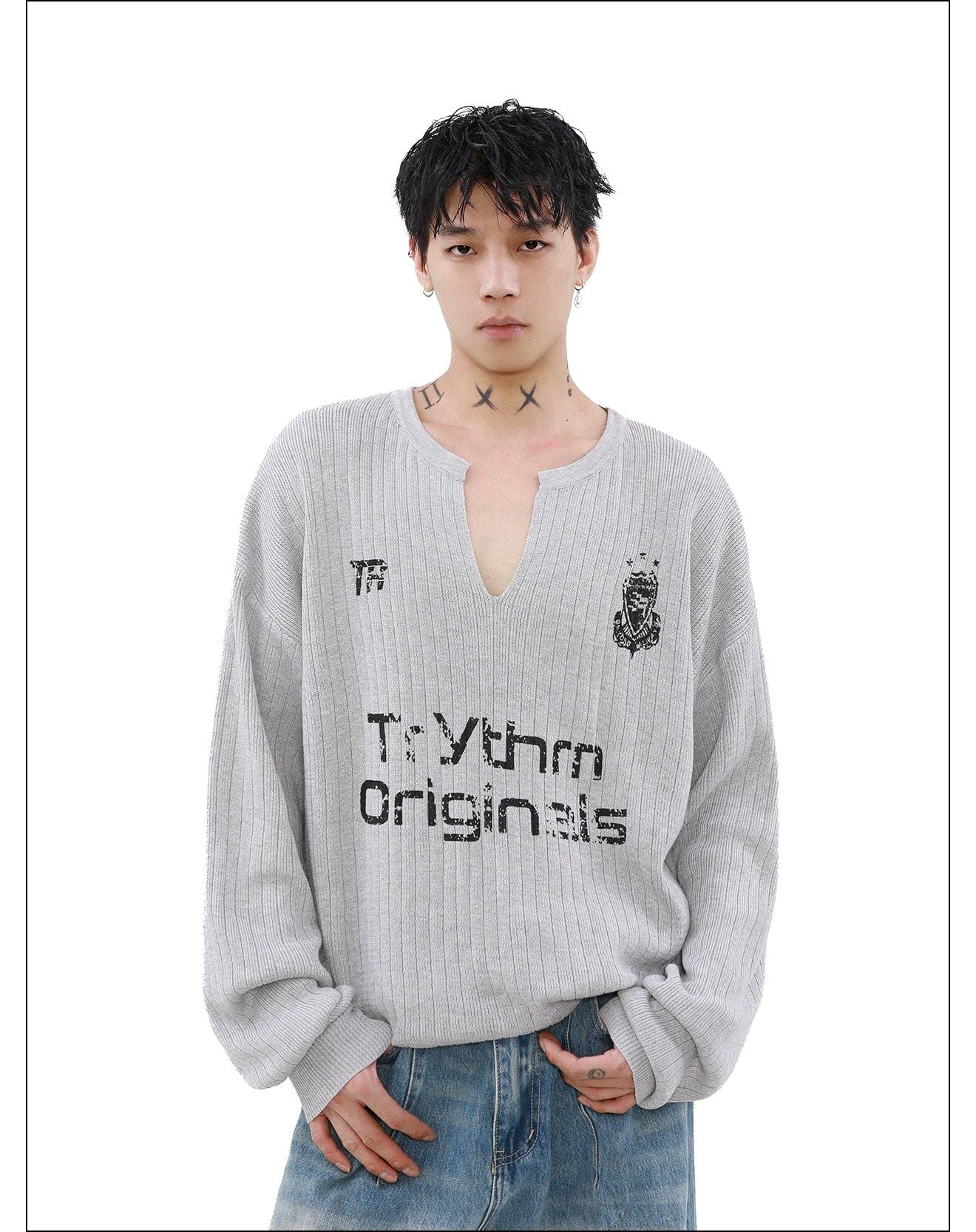 Distressed Print Notch Neck Sweater Korean Street Fashion Sweater By Mr Nearly Shop Online at OH Vault