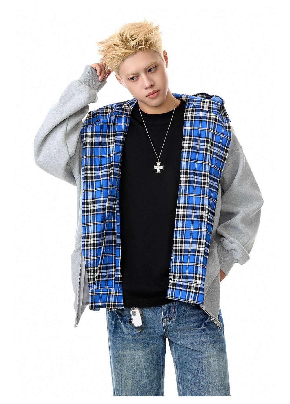 Double-Layer Plaid Zip-Up Hoodie Korean Street Fashion Hoodie By Made Extreme Shop Online at OH Vault