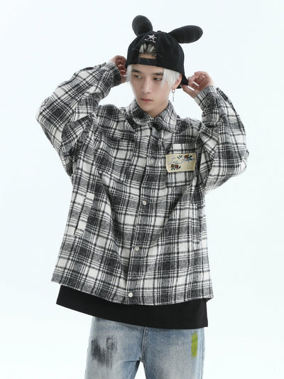 Patched Plaid Comfty Shirt Korean Street Fashion Shirt By INS Korea Shop Online at OH Vault