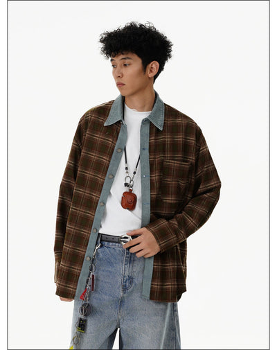 Plaid Stitched Denim Shirt Korean Street Fashion Shirt By Mr Nearly Shop Online at OH Vault