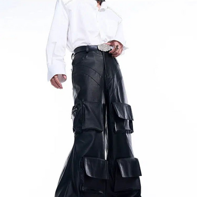 Structured 3D Pocket PU Leather Pants Korean Street Fashion Pants By Slim Black Shop Online at OH Vault