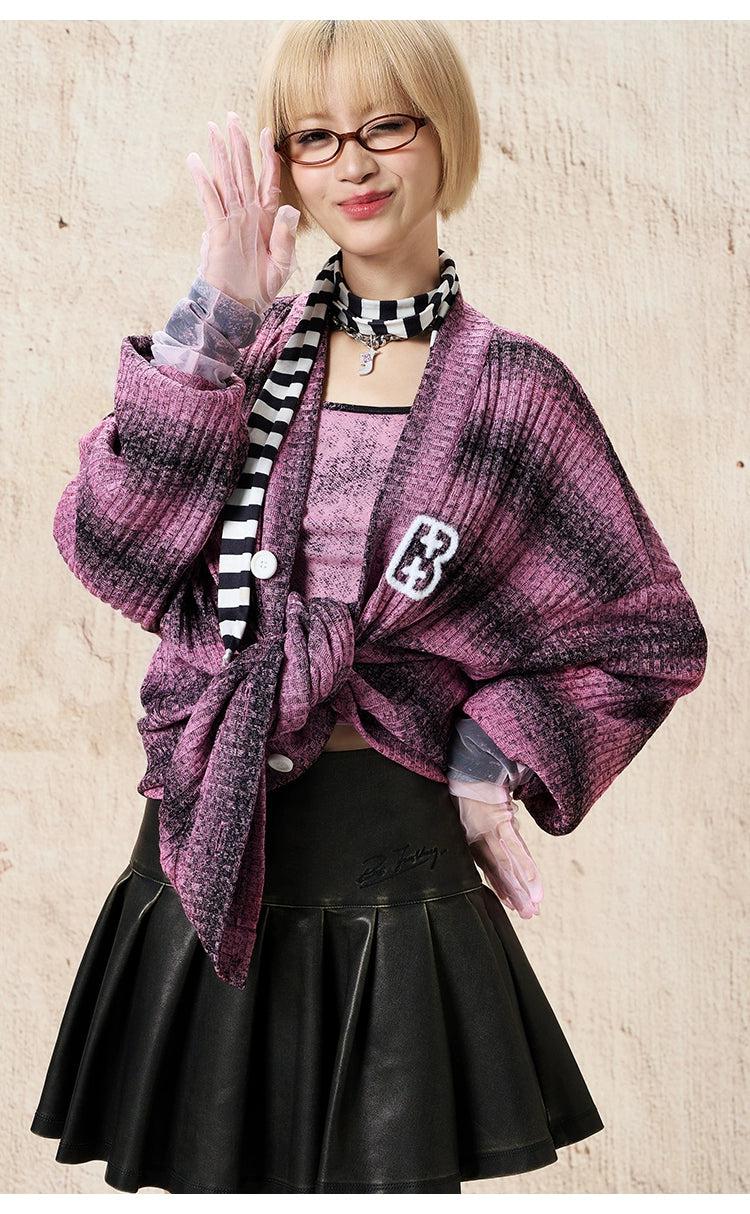 Gradient Stripes Fuzzy Letters Cardigan Korean Street Fashion Cardigan By BE Just Hug Shop Online at OH Vault