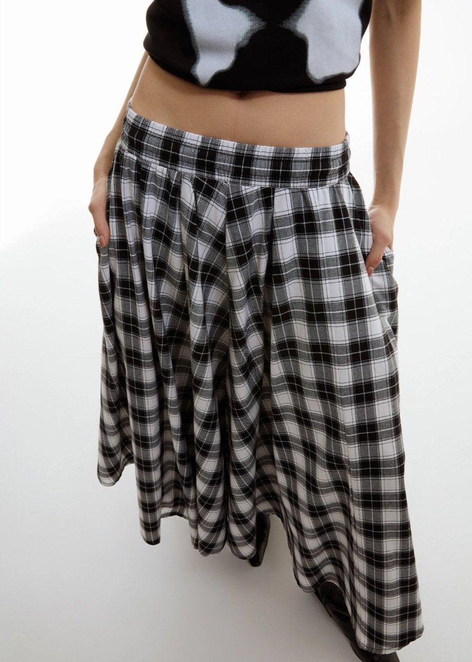 Flowy Plaid Pattern Long Skirt Korean Street Fashion Skirt By Funky Fun Shop Online at OH Vault