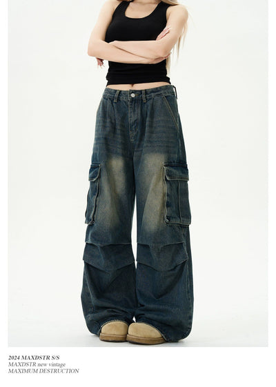 Faded Pleats Loose Fit Cargo Jeans Korean Street Fashion Jeans By MaxDstr Shop Online at OH Vault