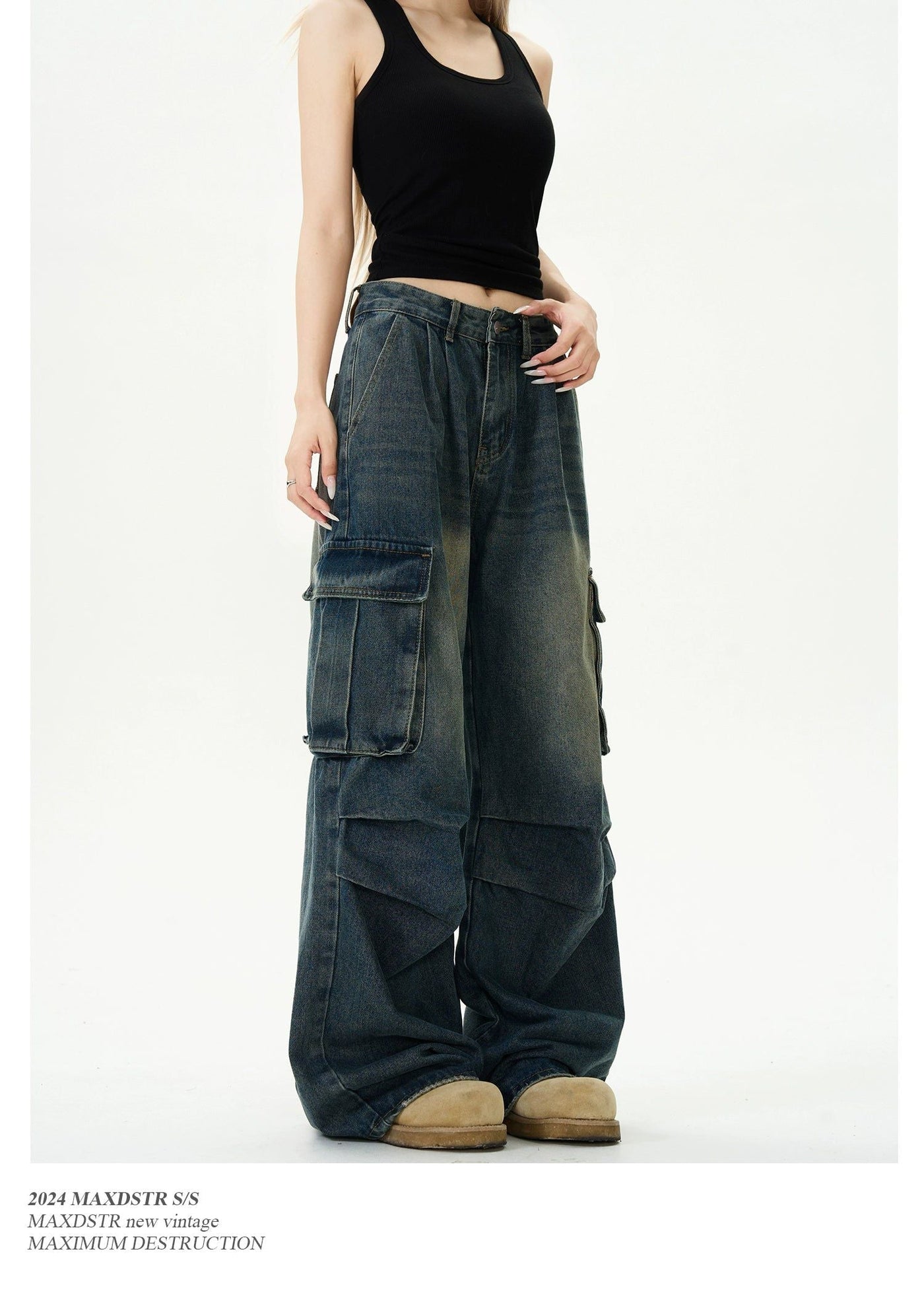 Faded Pleats Loose Fit Cargo Jeans Korean Street Fashion Jeans By MaxDstr Shop Online at OH Vault