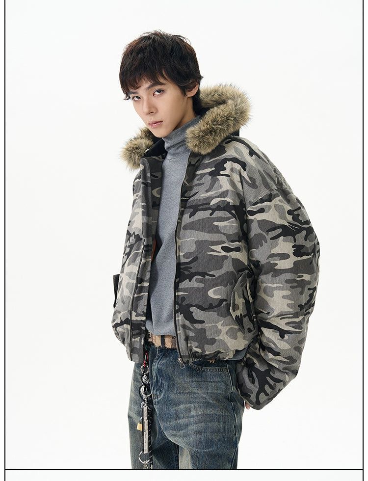 Fur Collar Camouflage Puffer Jacket Korean Street Fashion Jacket By 77Flight Shop Online at OH Vault