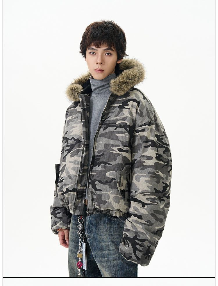 Fur Collar Camouflage Puffer Jacket Korean Street Fashion Jacket By 77Flight Shop Online at OH Vault