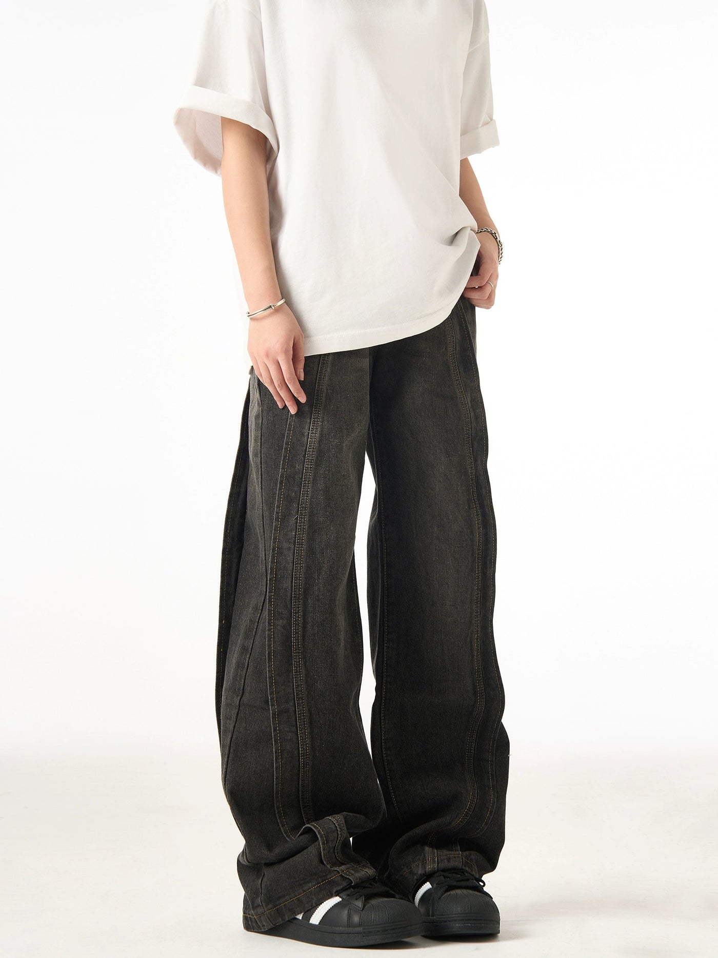 Spliced Wide Leg Jeans Korean Street Fashion Jeans By Ash Dark Shop Online at OH Vault