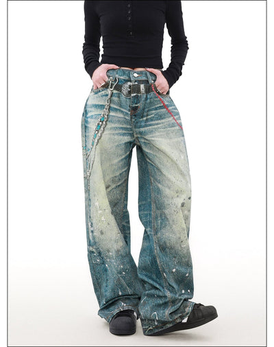 Ink Splashed Chain Detail Jeans Korean Street Fashion Jeans By Mr Nearly Shop Online at OH Vault