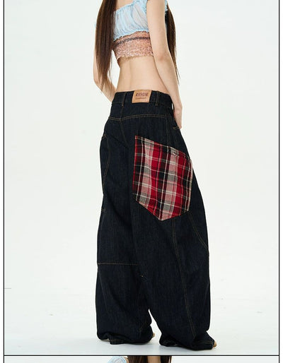 Plaid Patched Loose Jeans Korean Street Fashion Jeans By 77Flight Shop Online at OH Vault