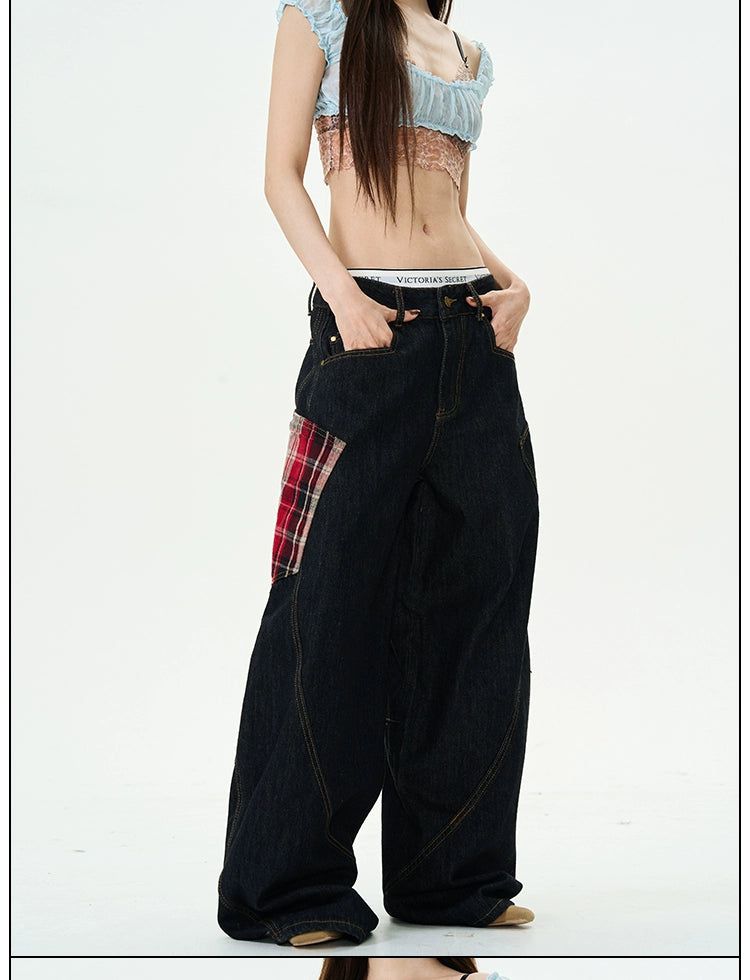 Plaid Patched Loose Jeans Korean Street Fashion Jeans By 77Flight Shop Online at OH Vault