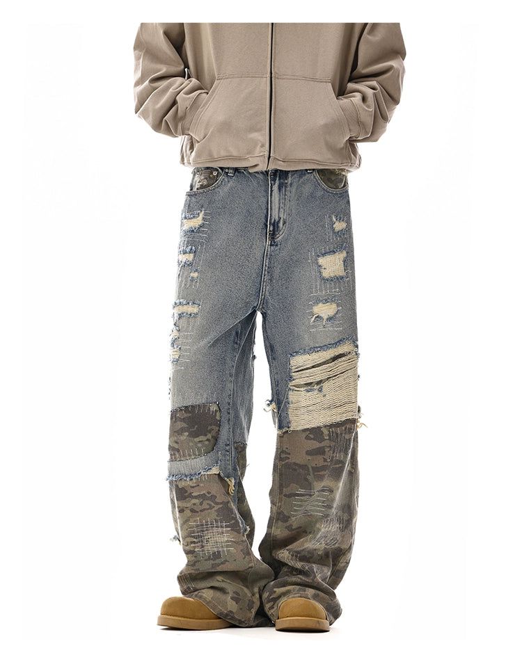 Stitched Camo Ripped Jeans Korean Street Fashion Jeans By MEBXX Shop Online at OH Vault