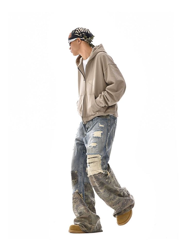 Stitched Camo Ripped Jeans Korean Street Fashion Jeans By MEBXX Shop Online at OH Vault