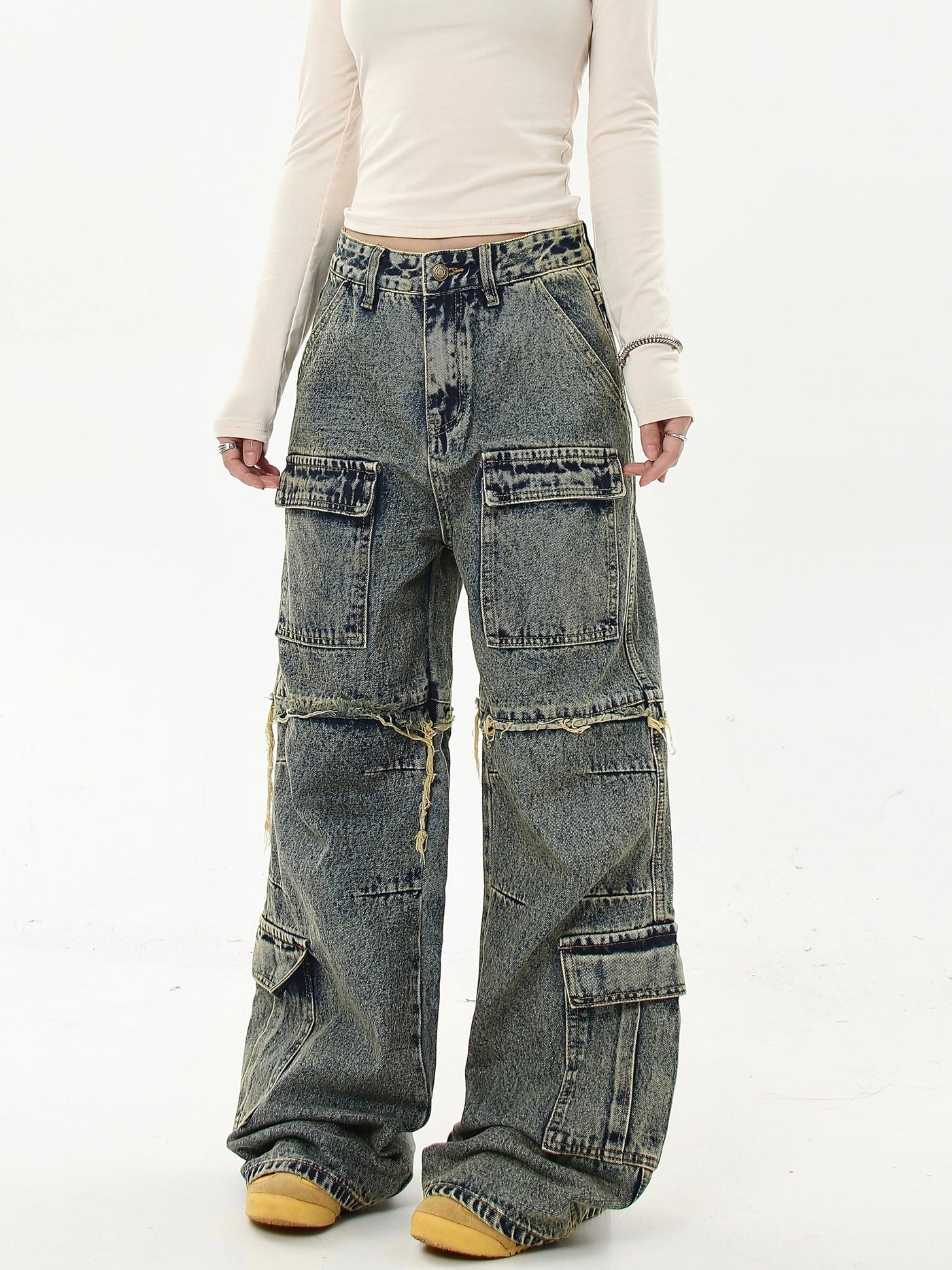 Stitched Pocket Raw Edge Cargo Jeans Korean Street Fashion Jeans By Blacklists Shop Online at OH Vault