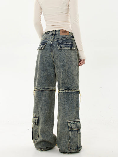 Stitched Pocket Raw Edge Cargo Jeans Korean Street Fashion Jeans By Blacklists Shop Online at OH Vault