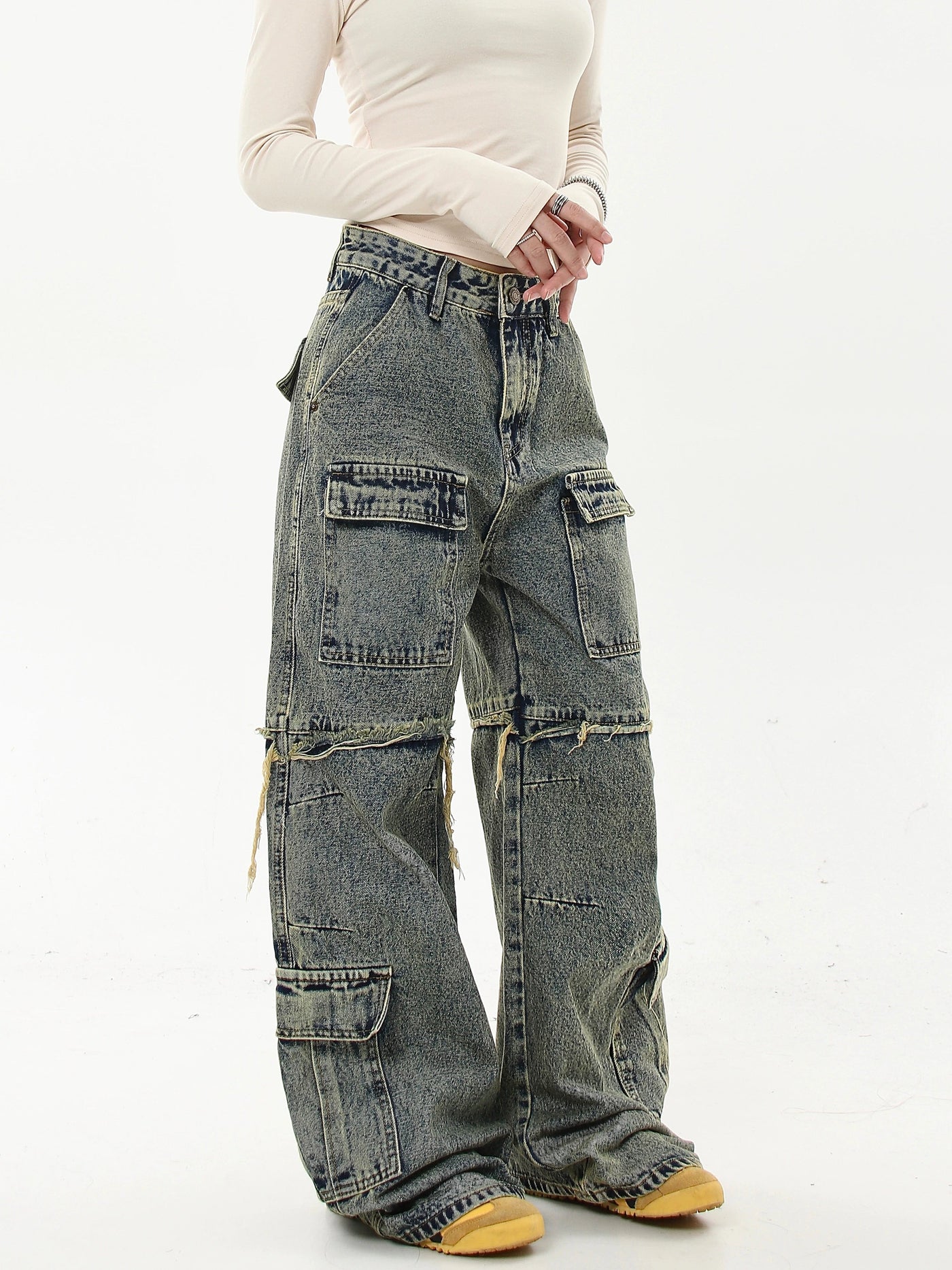 Stitched Pocket Raw Edge Cargo Jeans Korean Street Fashion Jeans By Blacklists Shop Online at OH Vault