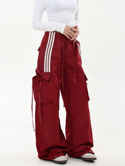 Three-Bar Contrast Drawstring Cargo Pants Korean Street Fashion Pants By Blacklists Shop Online at OH Vault