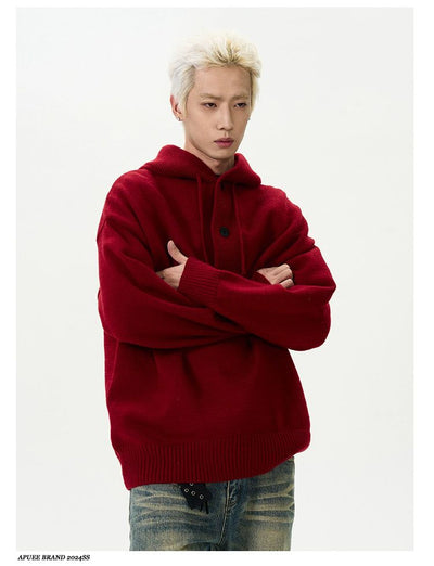 Three-Buttons Drawstring Knit Hoodie Korean Street Fashion Hoodie By A PUEE Shop Online at OH Vault