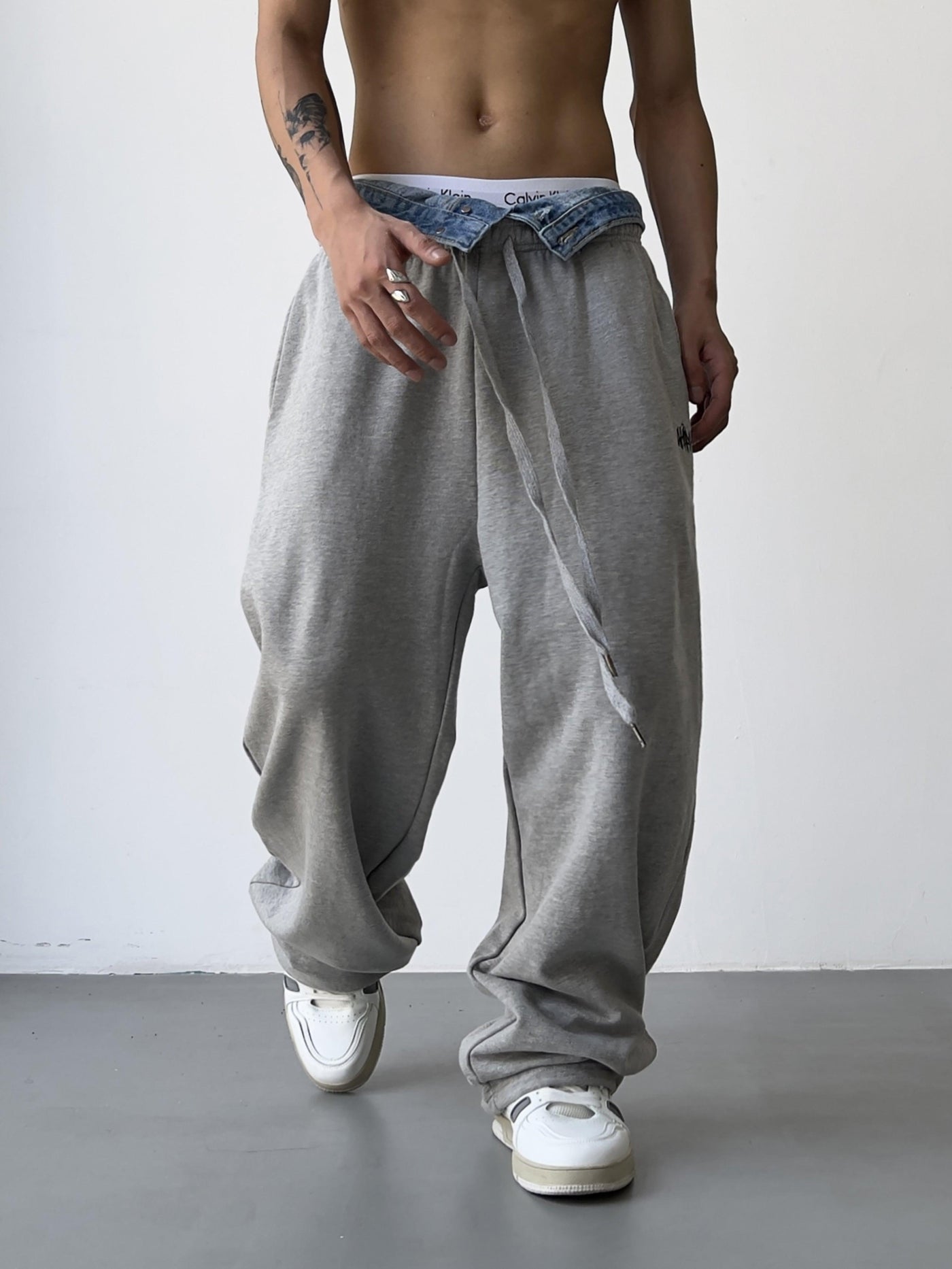 Drawstring Denim Flange Sweatpants Korean Street Fashion Pants By MEBXX Shop Online at OH Vault