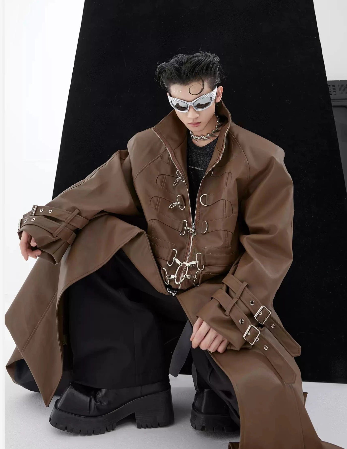 Metallic Link PU Leather Long Coat Korean Street Fashion Long Coat By Argue Culture Shop Online at OH Vault