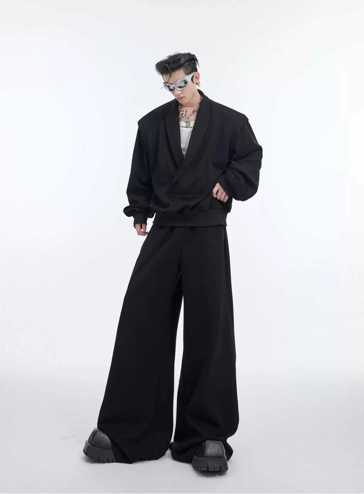 V-Neck Drapey Jacket & Pants Set Korean Street Fashion Clothing Set By Argue Culture Shop Online at OH Vault