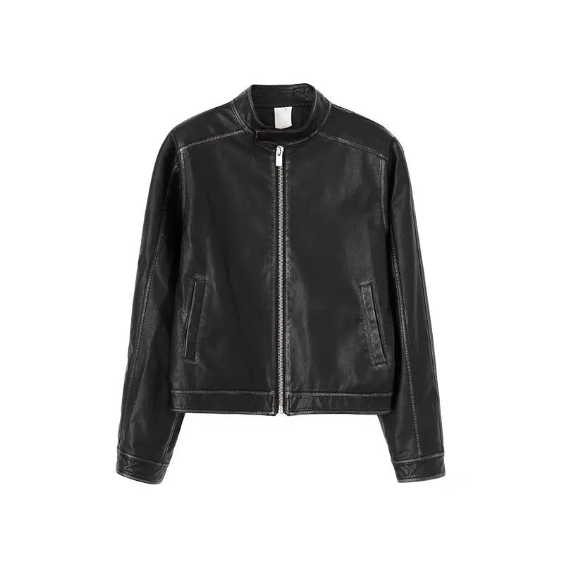 Zipped Vintage PU Leather Jacket Korean Street Fashion Jacket By Conp Conp Shop Online at OH Vault