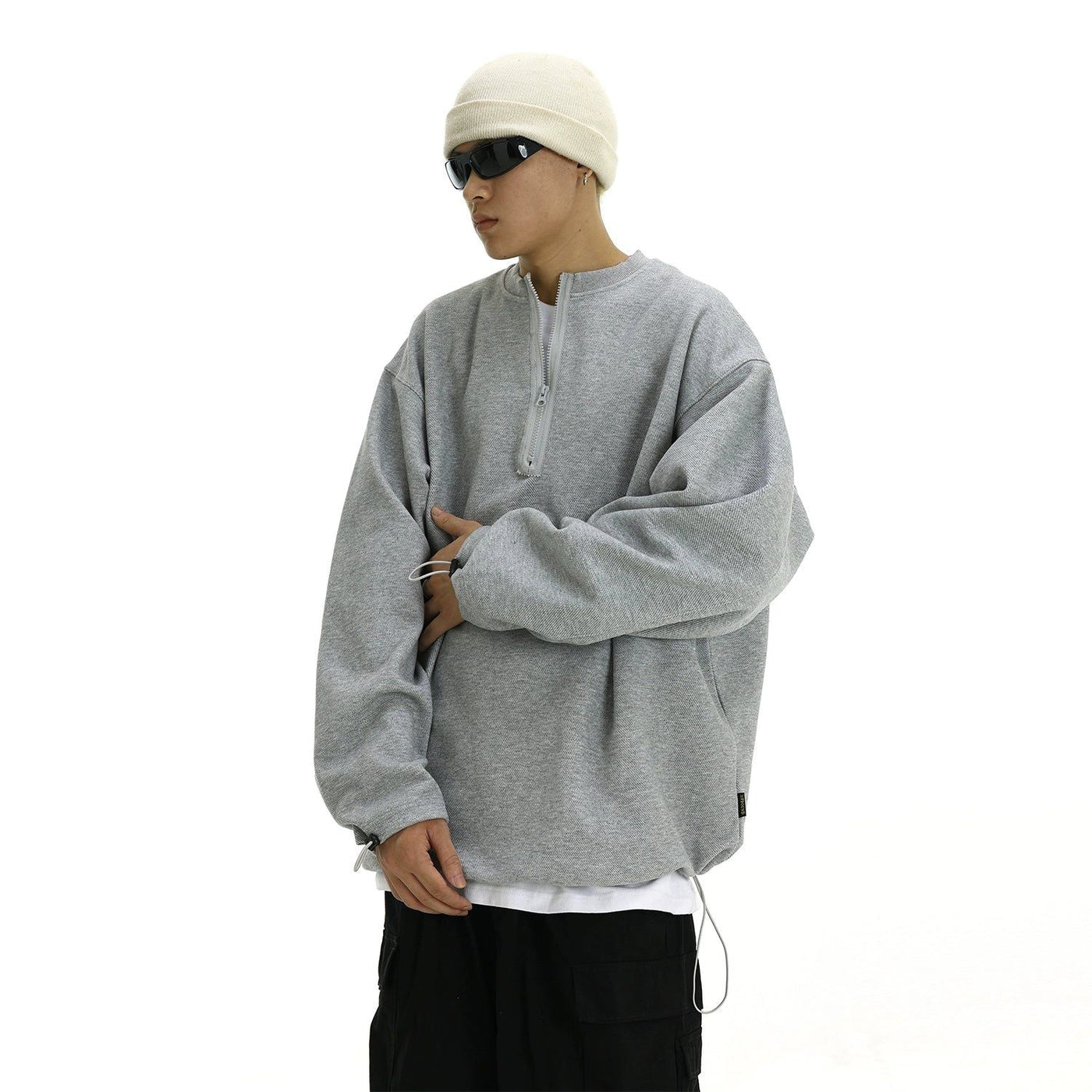 Waffle Grid Ruched Hem Half-Zip Korean Street Fashion Half-Zip By MEBXX Shop Online at OH Vault