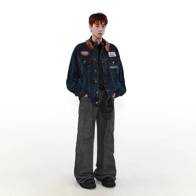 Contrast Washed Logo Embroidery Denim Jacket Korean Street Fashion Jacket By Mr Nearly Shop Online at OH Vault